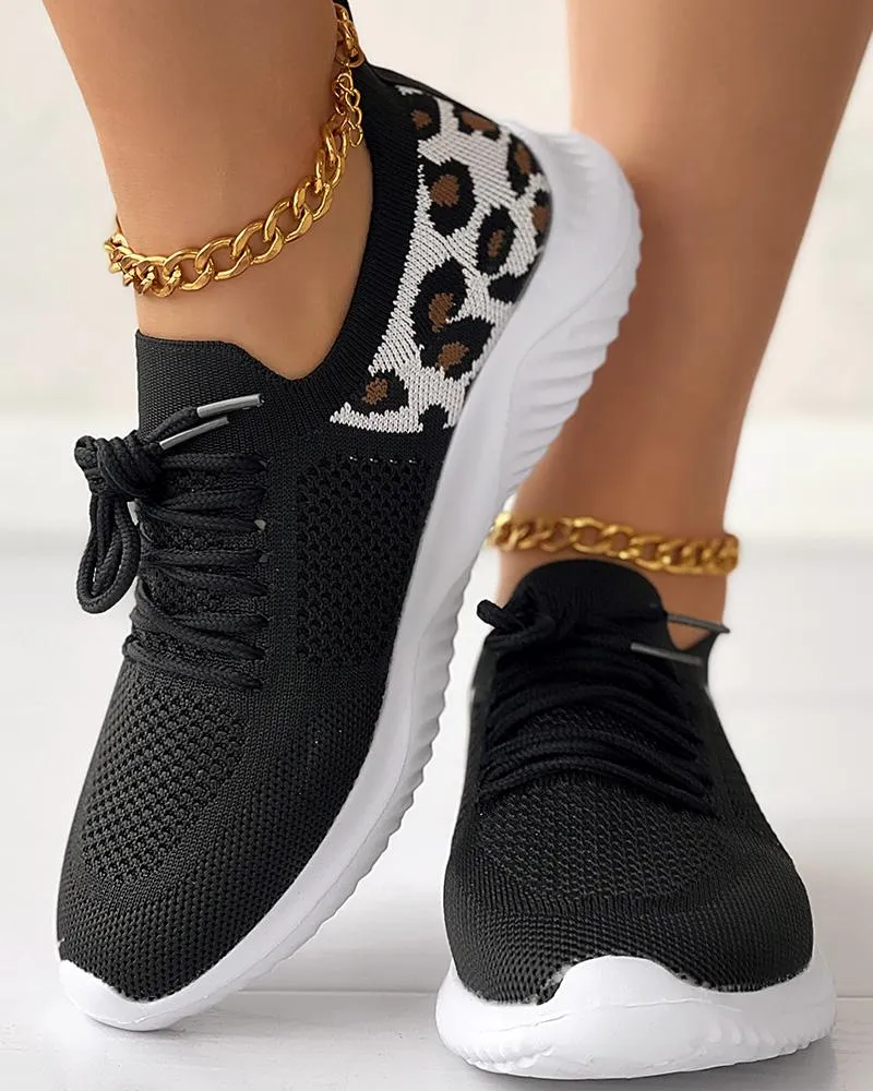 Leopard Lace up Breathable Casual Sneakers