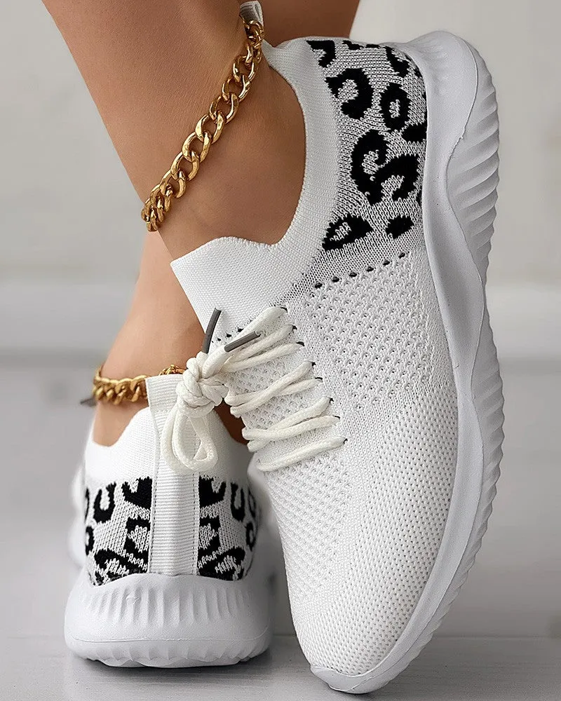 Leopard Lace up Breathable Casual Sneakers
