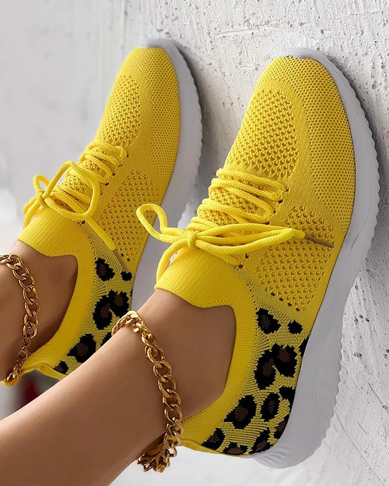 Leopard Lace up Breathable Casual Sneakers