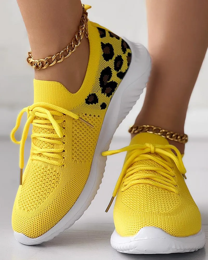 Leopard Lace up Breathable Casual Sneakers