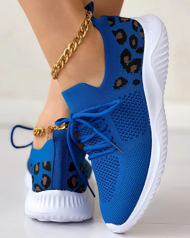 Leopard Lace up Breathable Casual Sneakers