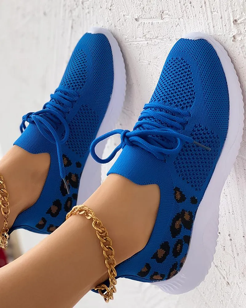 Leopard Lace up Breathable Casual Sneakers