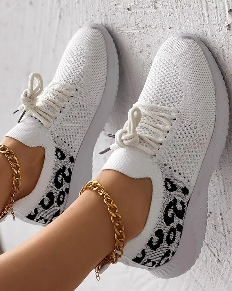 Leopard Lace up Breathable Casual Sneakers