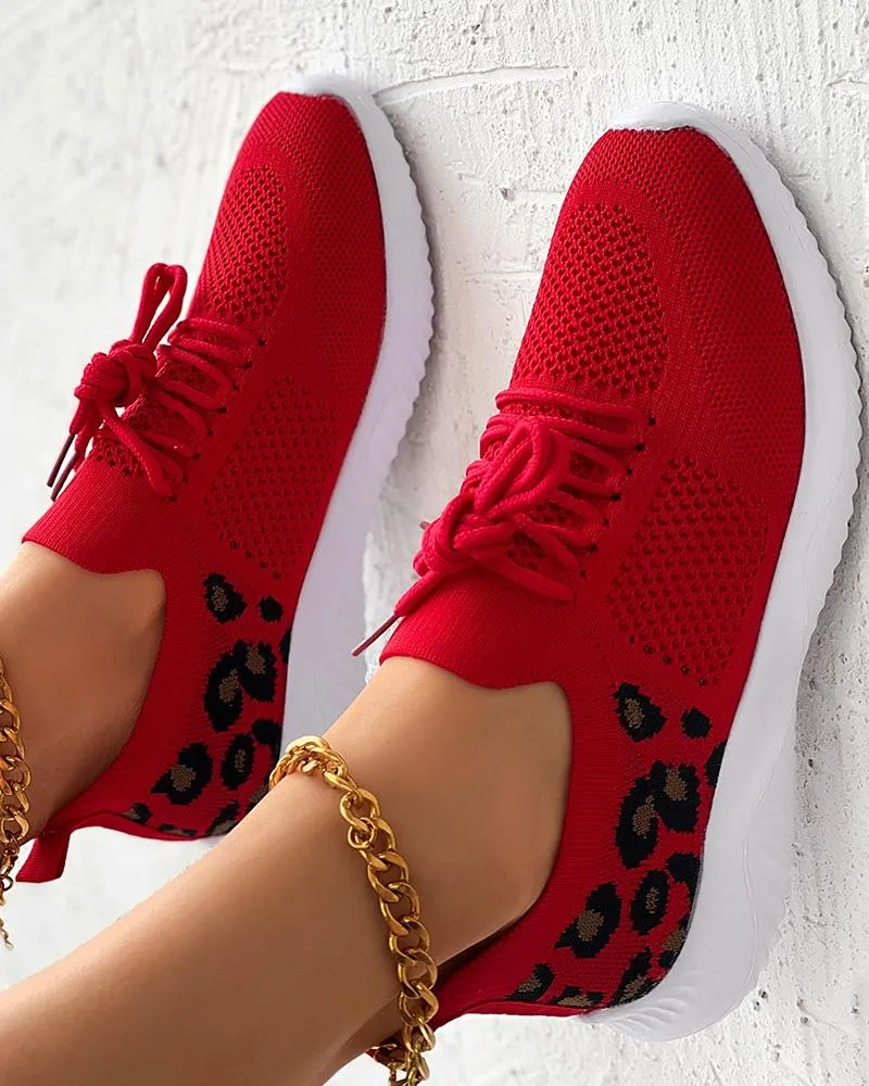 Leopard Lace up Breathable Casual Sneakers