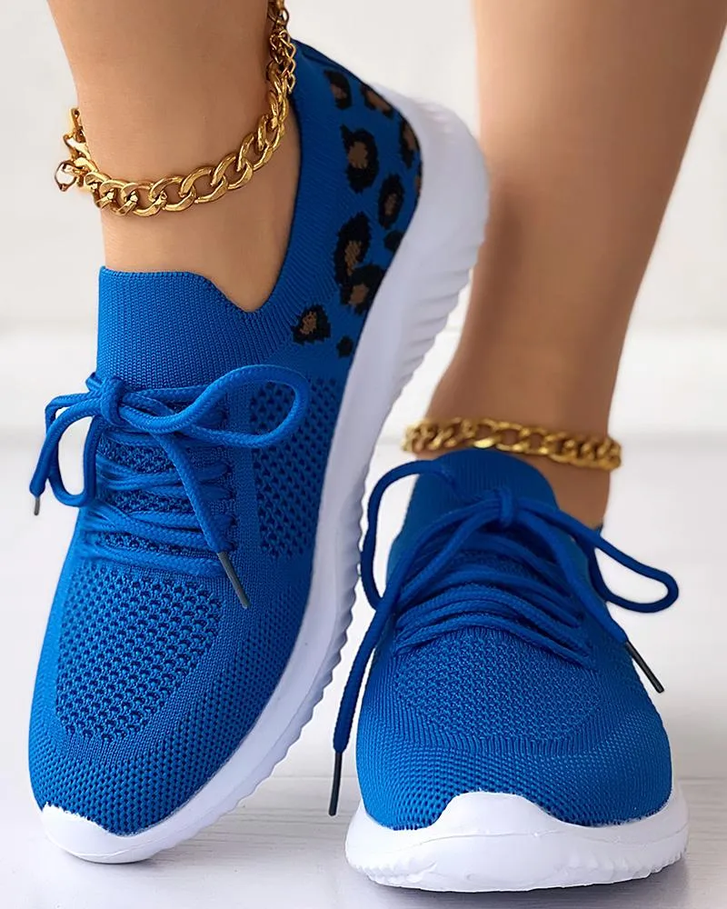 Leopard Lace up Breathable Casual Sneakers