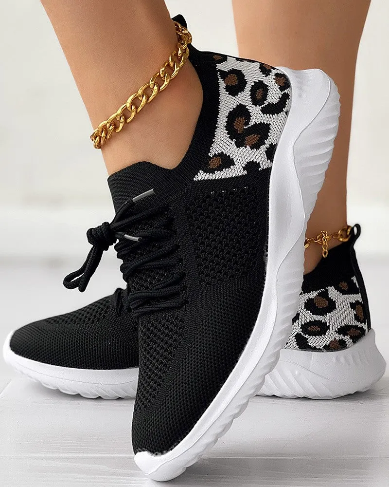 Leopard Lace up Breathable Casual Sneakers