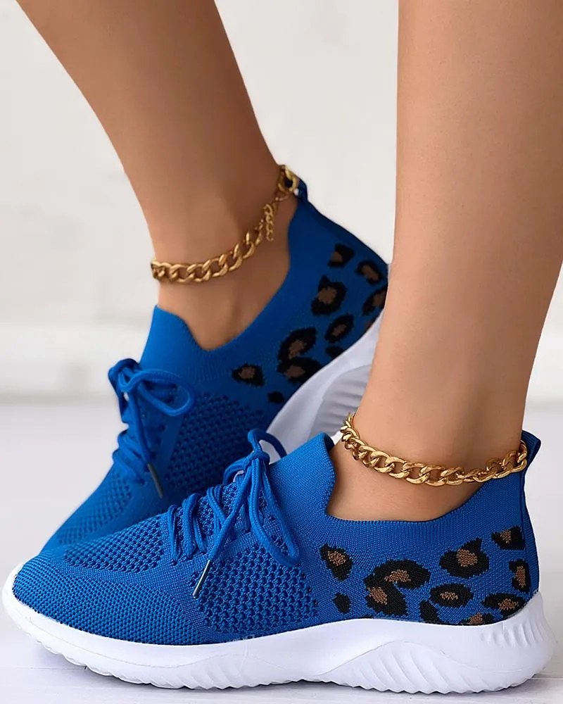 Leopard Lace up Breathable Casual Sneakers