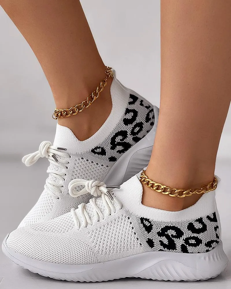 Leopard Lace up Breathable Casual Sneakers