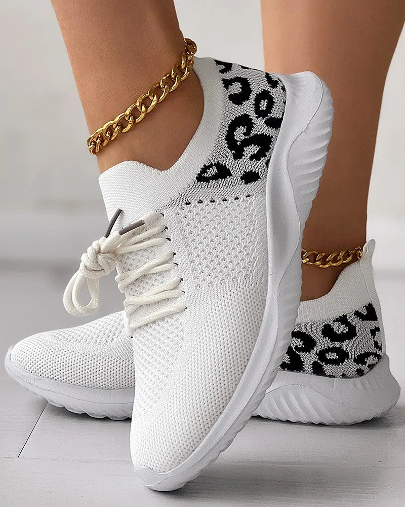 Leopard Lace up Breathable Casual Sneakers