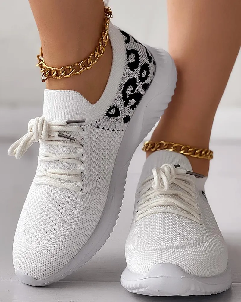 Leopard Lace up Breathable Casual Sneakers