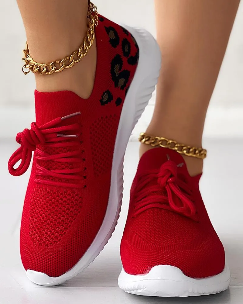 Leopard Lace up Breathable Casual Sneakers