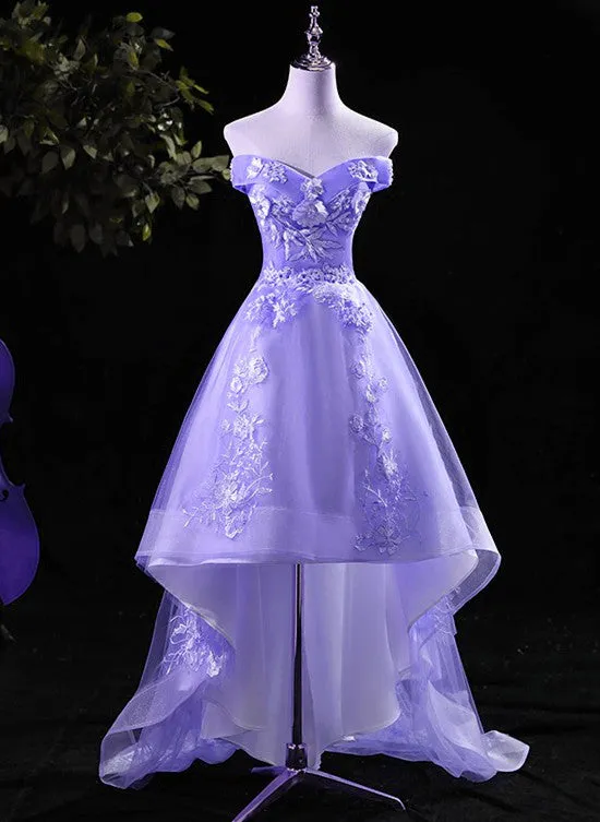 Lovely High Low Tulle Lace Applique Party Dress, Off Shoulder Homecoming Dresses
