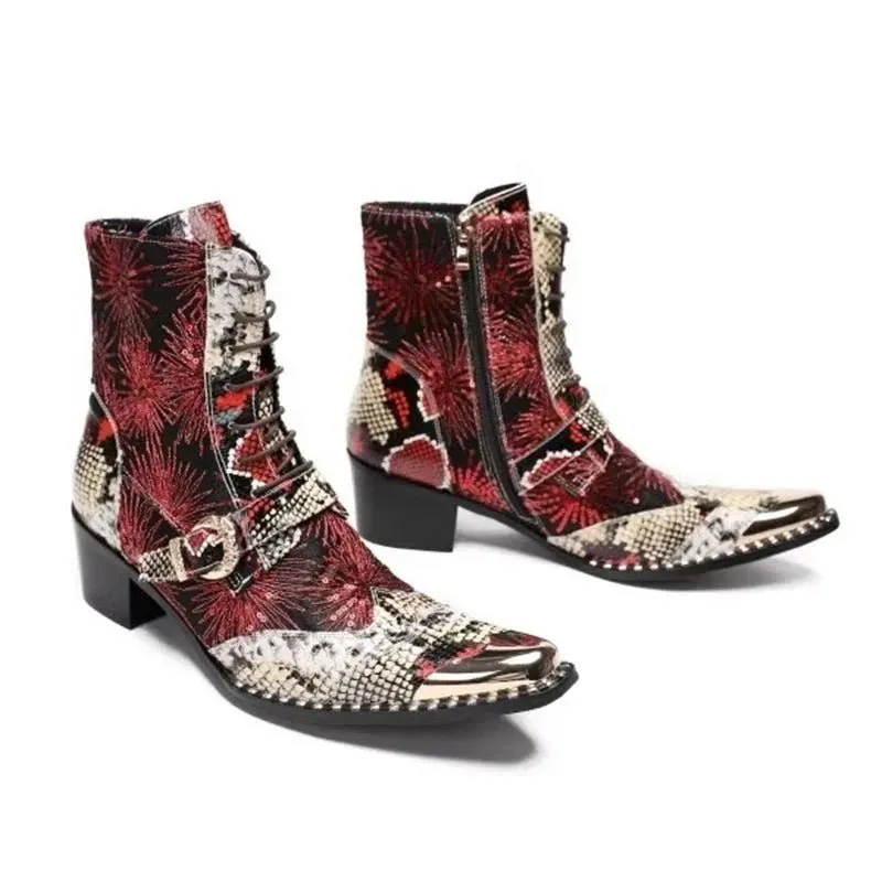Men Square Toe Belt High-Heeled Short Western Cowboy Boots