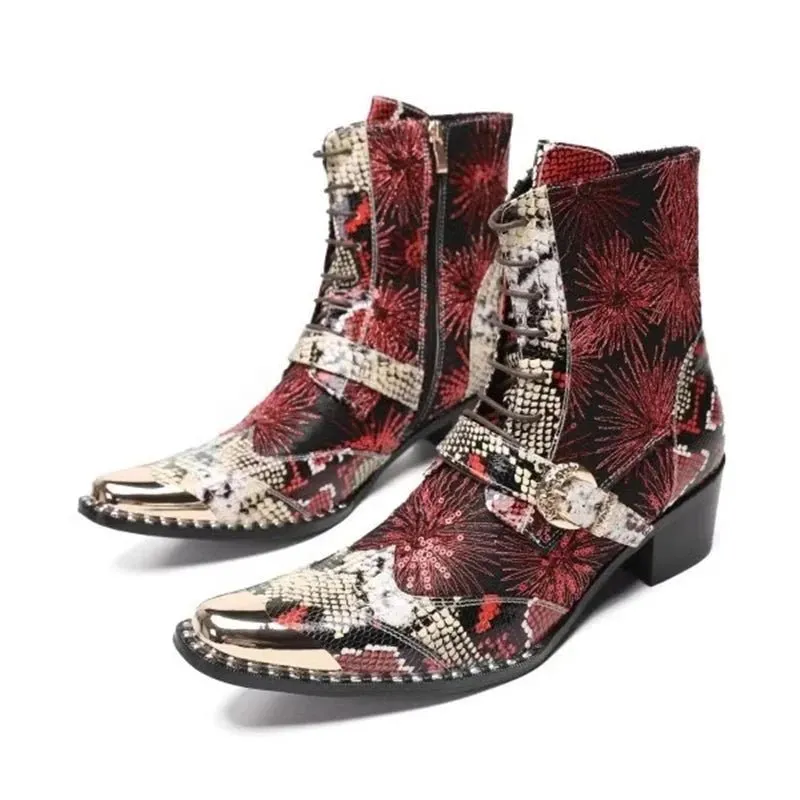 Men Square Toe Belt High-Heeled Short Western Cowboy Boots