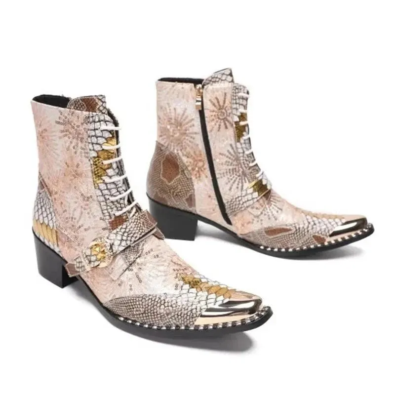 Men Square Toe Belt High-Heeled Short Western Cowboy Boots