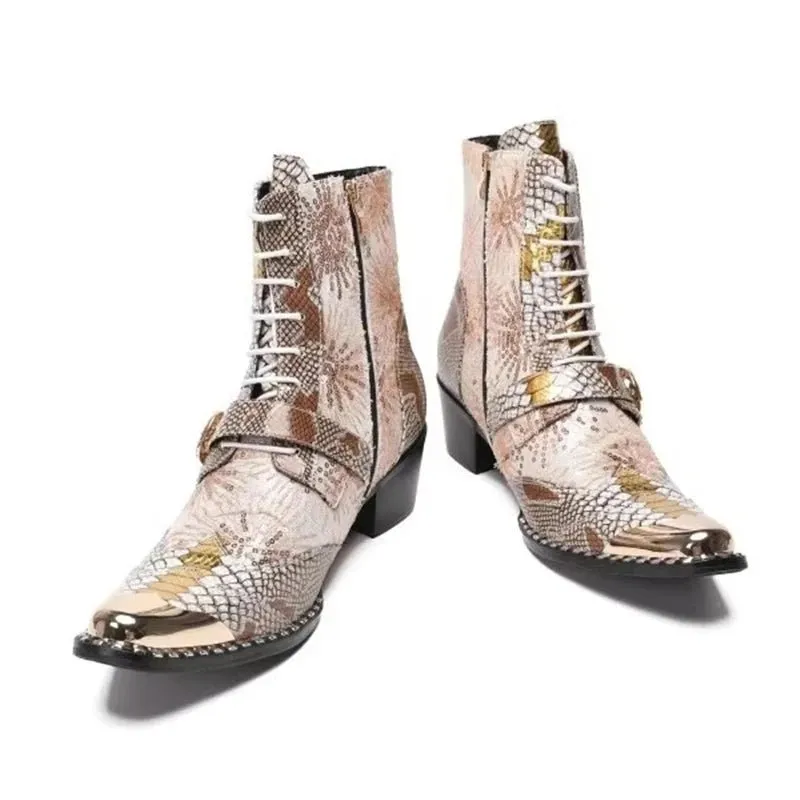 Men Square Toe Belt High-Heeled Short Western Cowboy Boots