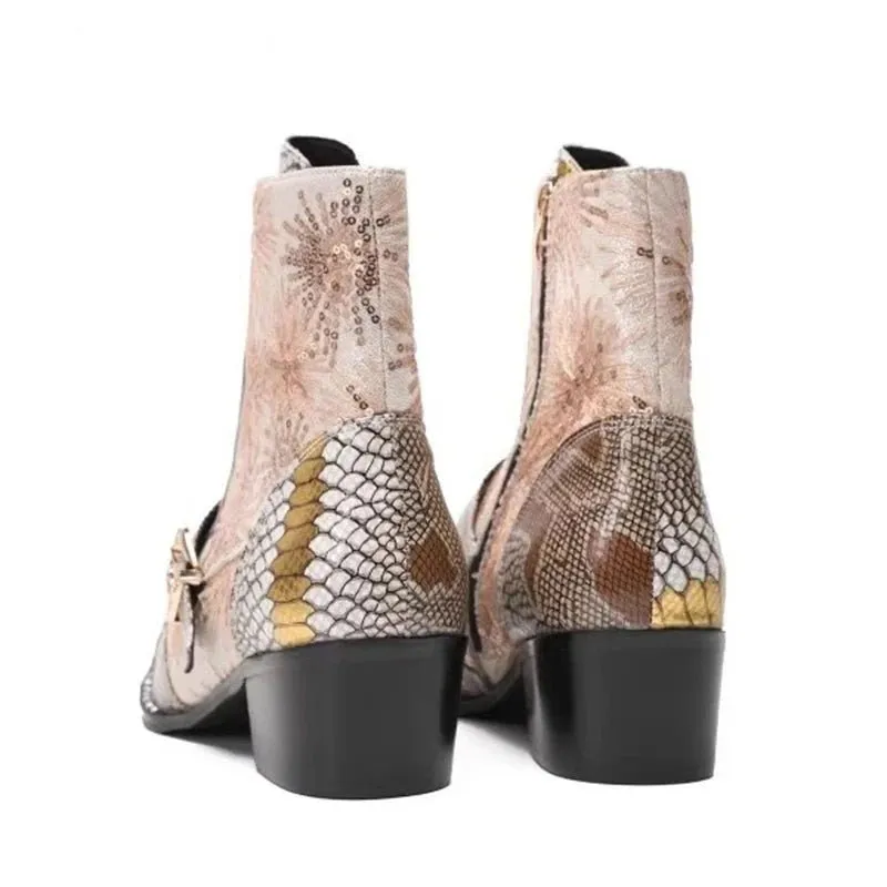 Men Square Toe Belt High-Heeled Short Western Cowboy Boots