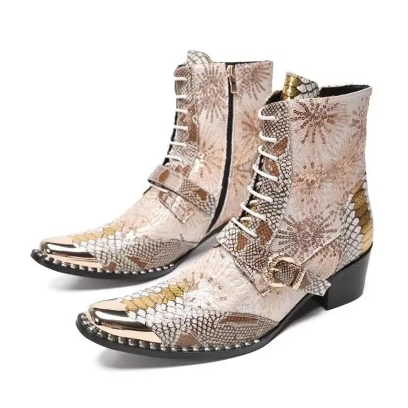 Men Square Toe Belt High-Heeled Short Western Cowboy Boots