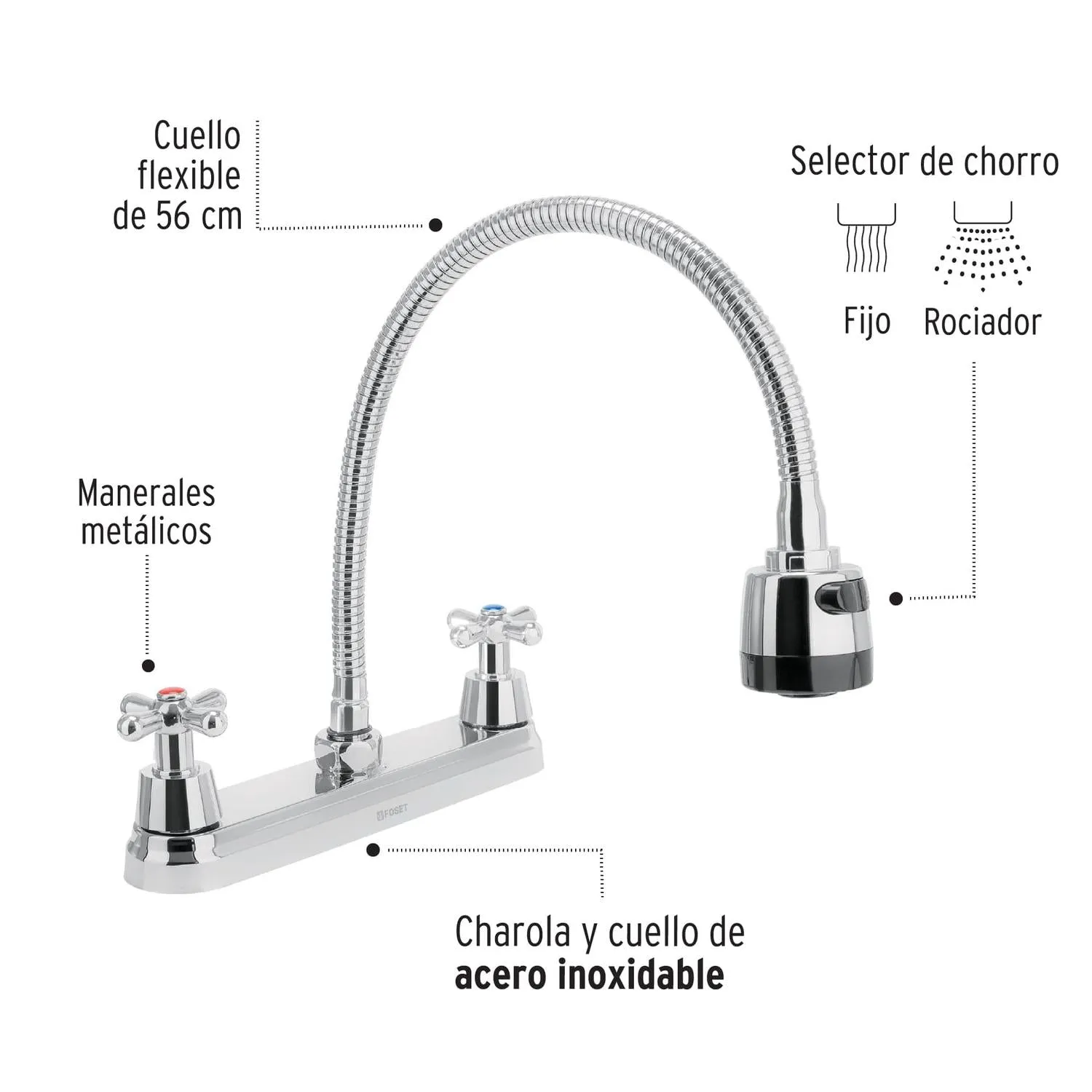 Mezcladora inox 8' p/fregadero, flexible, cruceta, Foset 49819