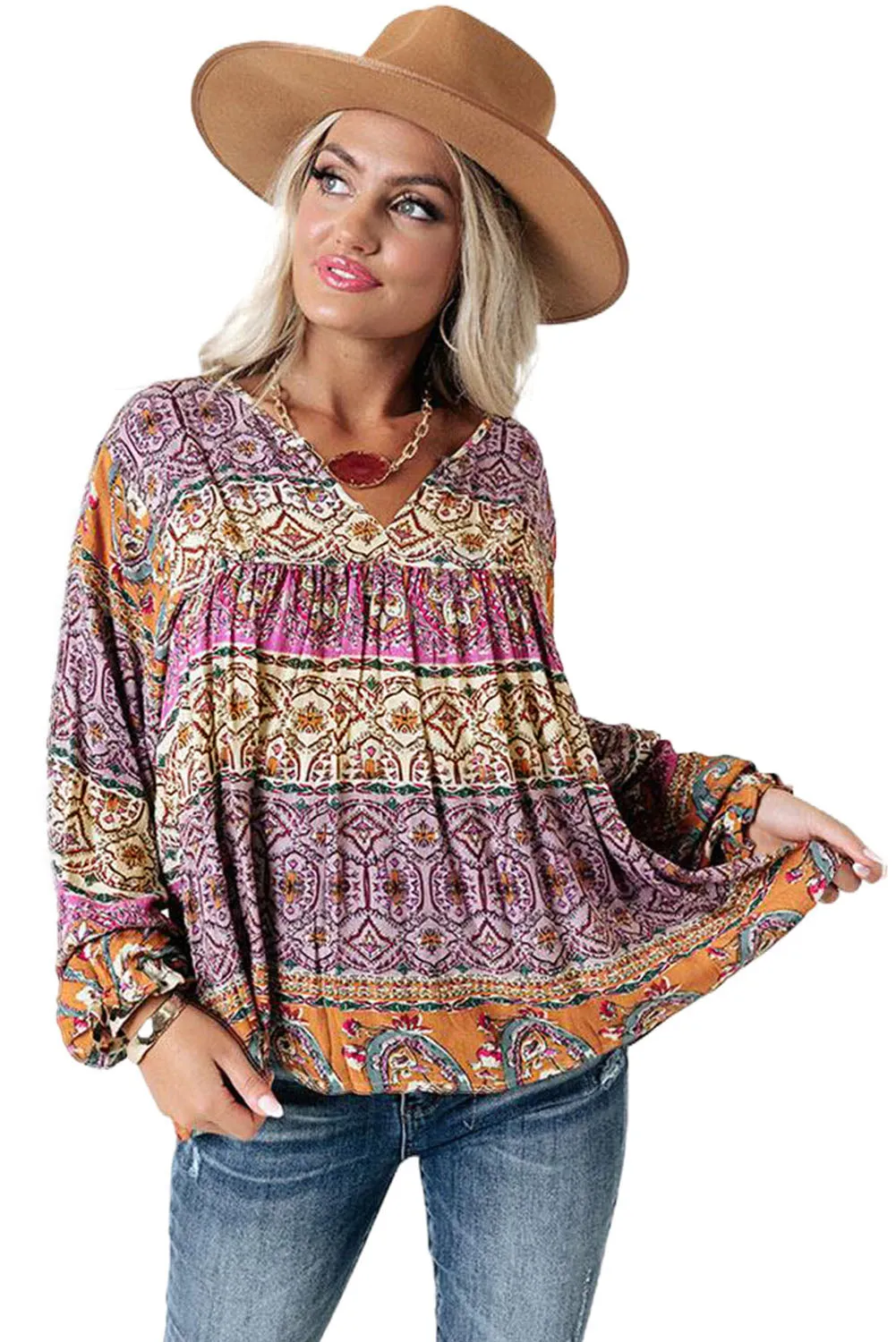 Multicolor Boho Print V Neck Bubble Sleeve Blouse