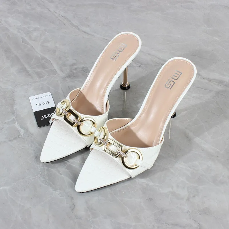 New Pointed High Heel Sandals Metal Decorative Stiletto
