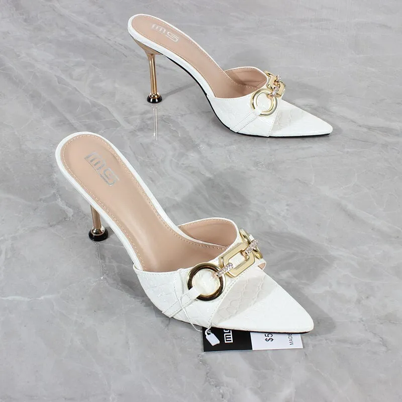 New Pointed High Heel Sandals Metal Decorative Stiletto