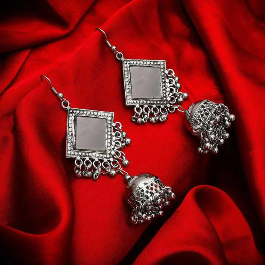 Pack of 2 Square Mirror Golden and Silver Beads Jhumki