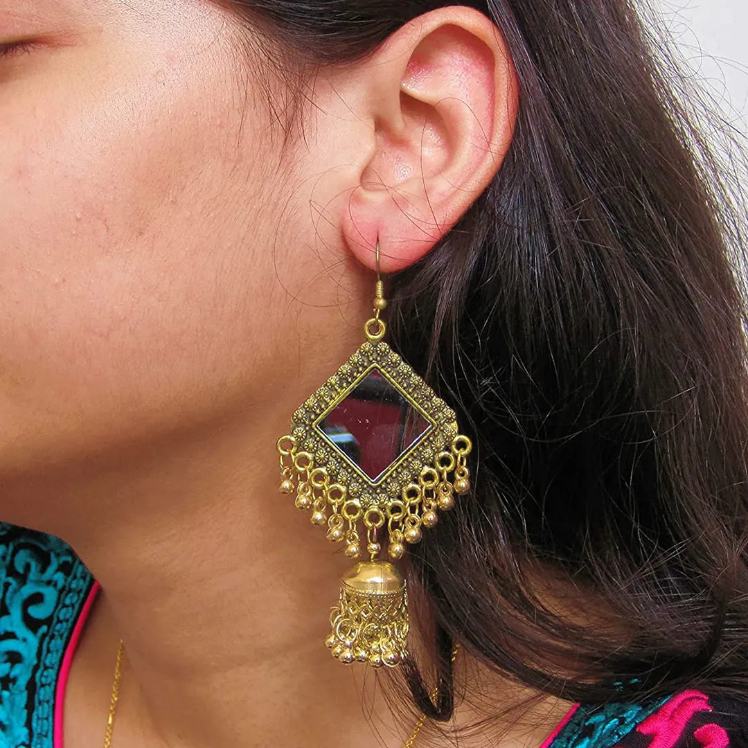 Pack of 2 Square Mirror Golden and Silver Beads Jhumki