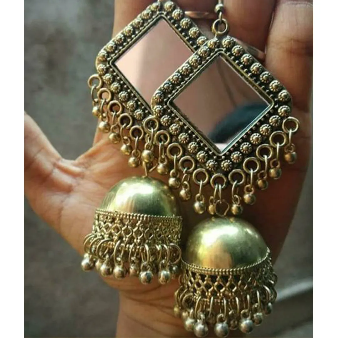Pack of 2 Square Mirror Golden and Silver Beads Jhumki