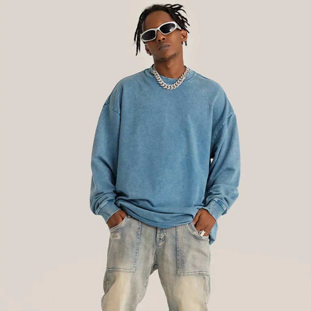"DLVD" T-shirt Manches longues Molletonné Délavé Bleu - URB1™