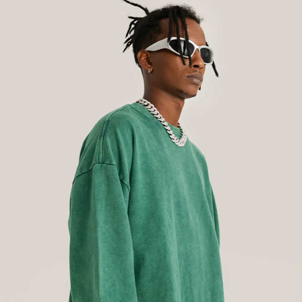 "DLVD" T-shirt Manches longues Molletonné Délavé Vert - URB1™