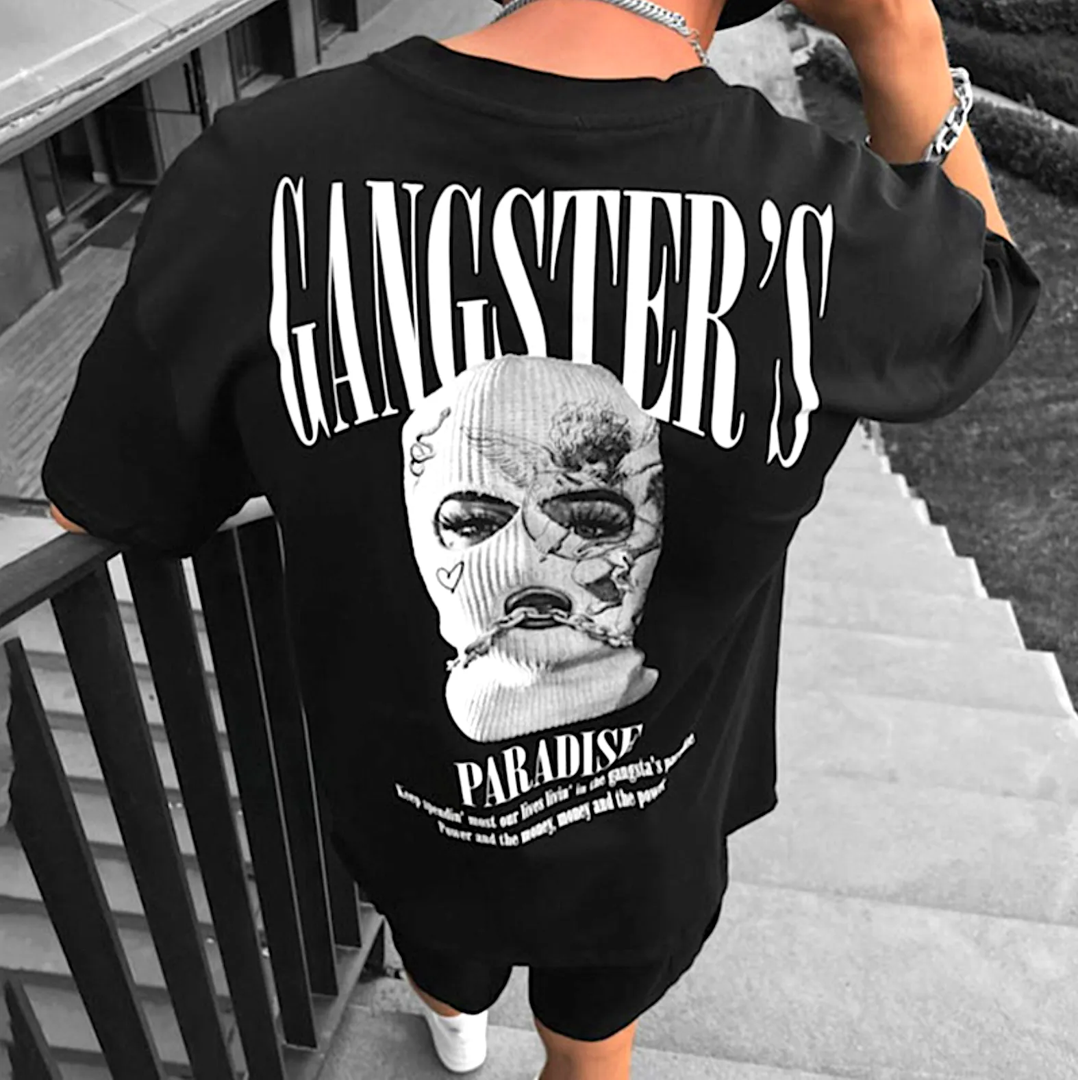 "GANGSTER'S PARADISE" T-shirt Noir Oversize Imprimé Streetwear - URB1™