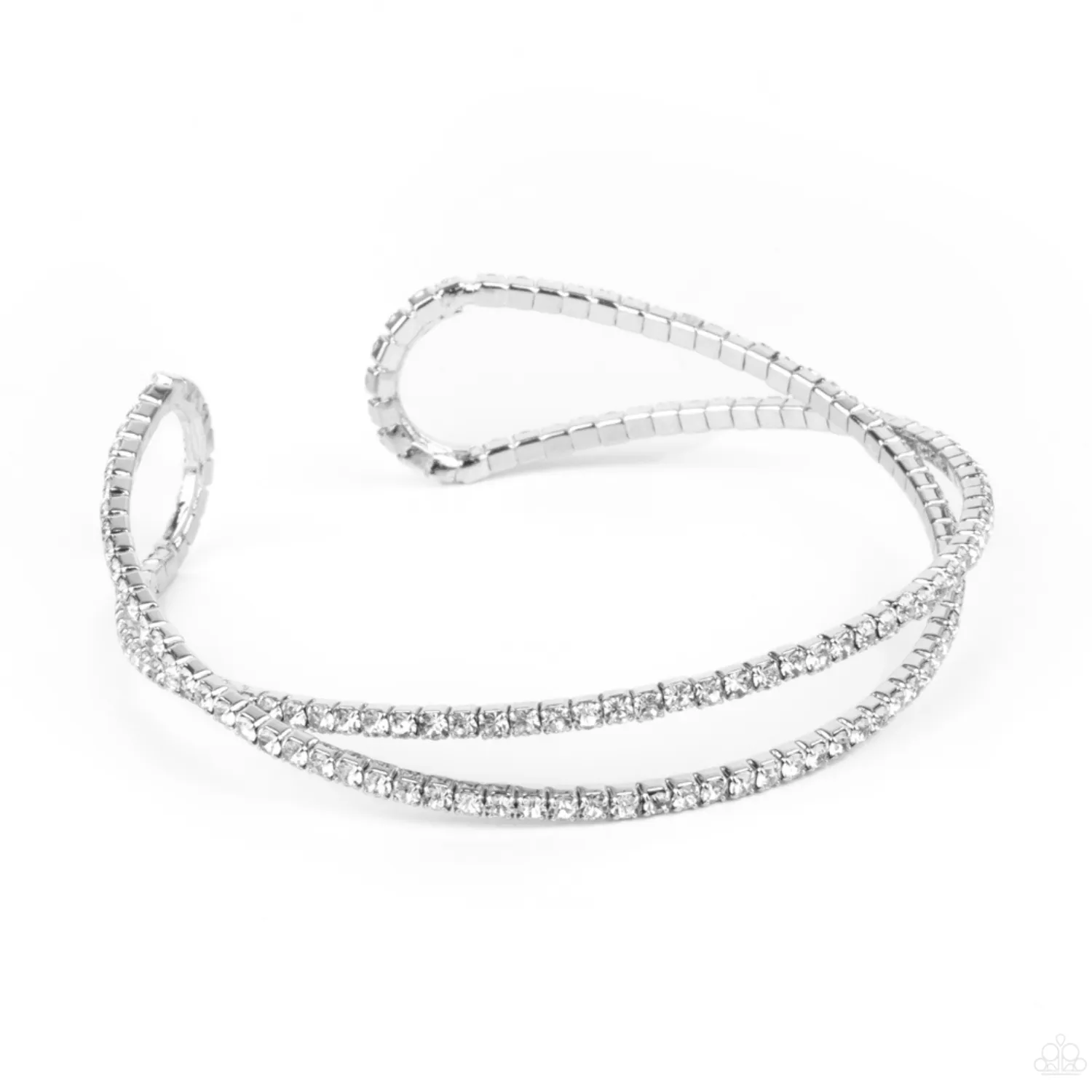 "Plus One Status" Silver Metal & Clear/White Rhinestone Crisscross Flexible Bracelet