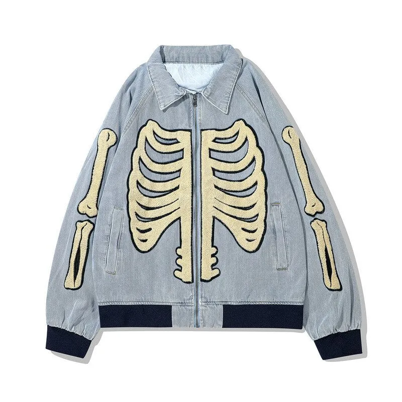 "SKELETON" Veste en Jean Bomber Brodée Noir - URB1™