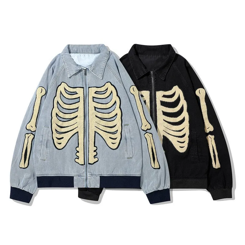 "SKELETON" Veste en Jean Bomber Brodée Noir - URB1™