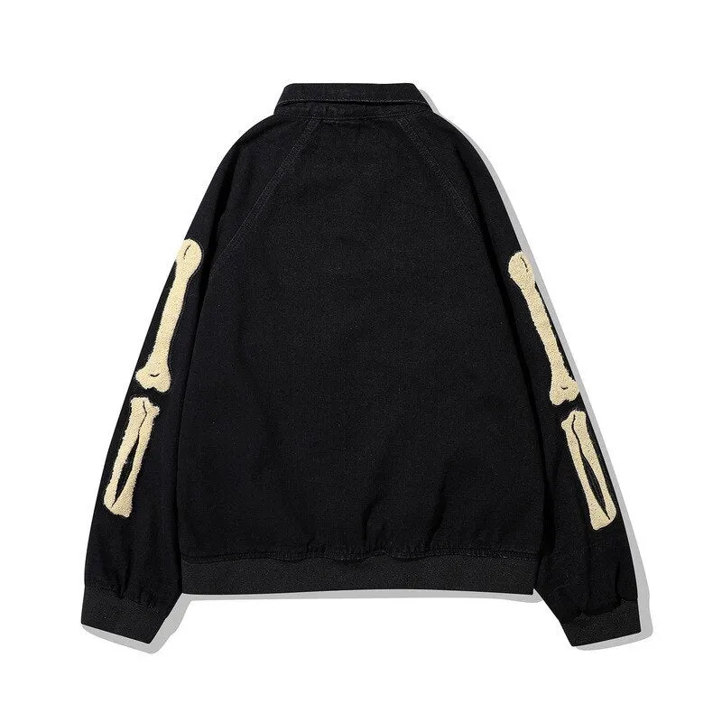 "SKELETON" Veste en Jean Bomber Brodée Noir - URB1™