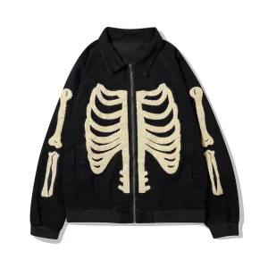 "SKELETON" Veste en Jean Bomber Brodée Noir - URB1™