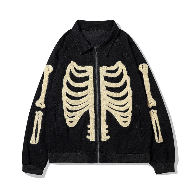 "SKELETON" Veste en Jean Bomber Brodée Noir - URB1™