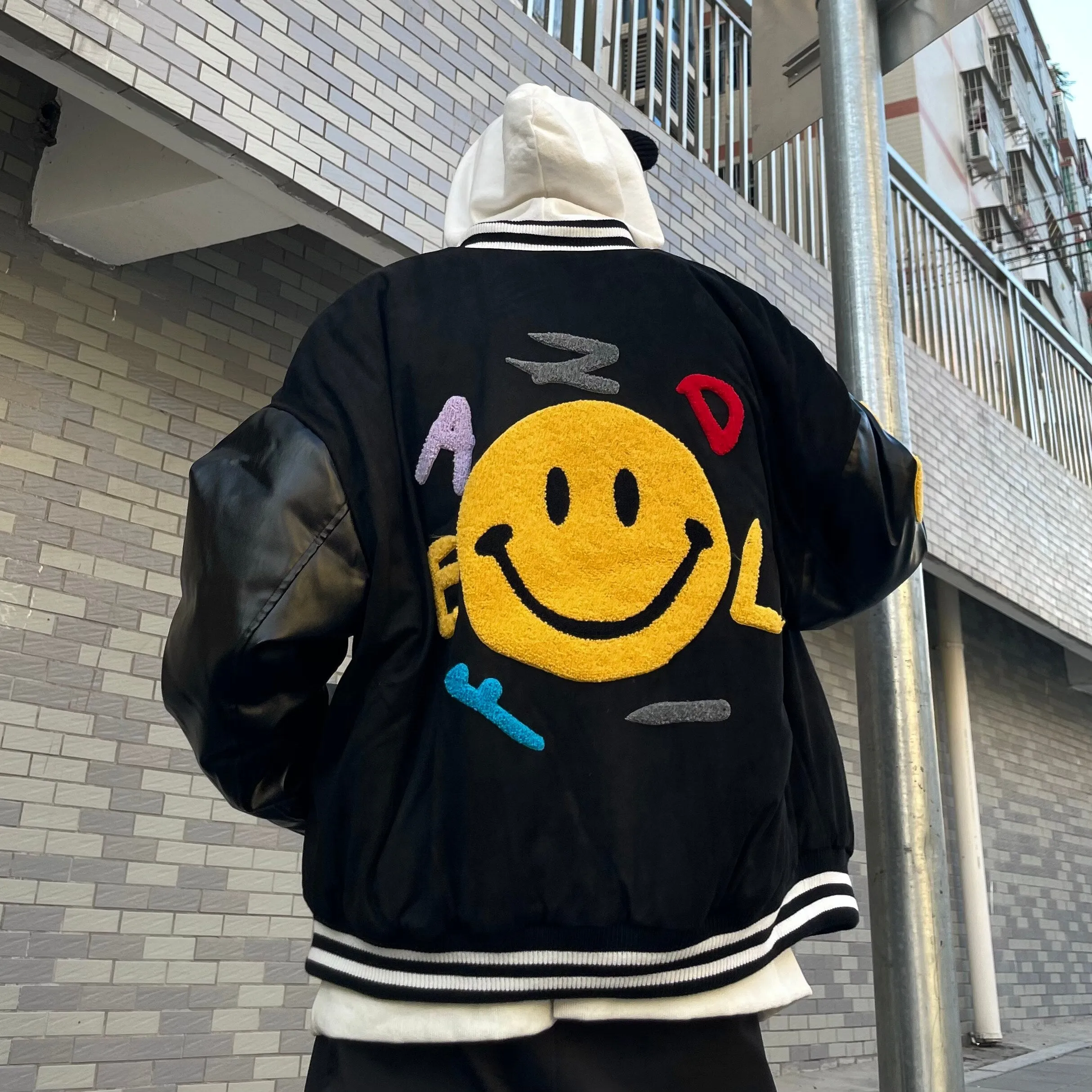 "SMILE" Veste Baseball Bombers Simili-cuir Noir - URB1™