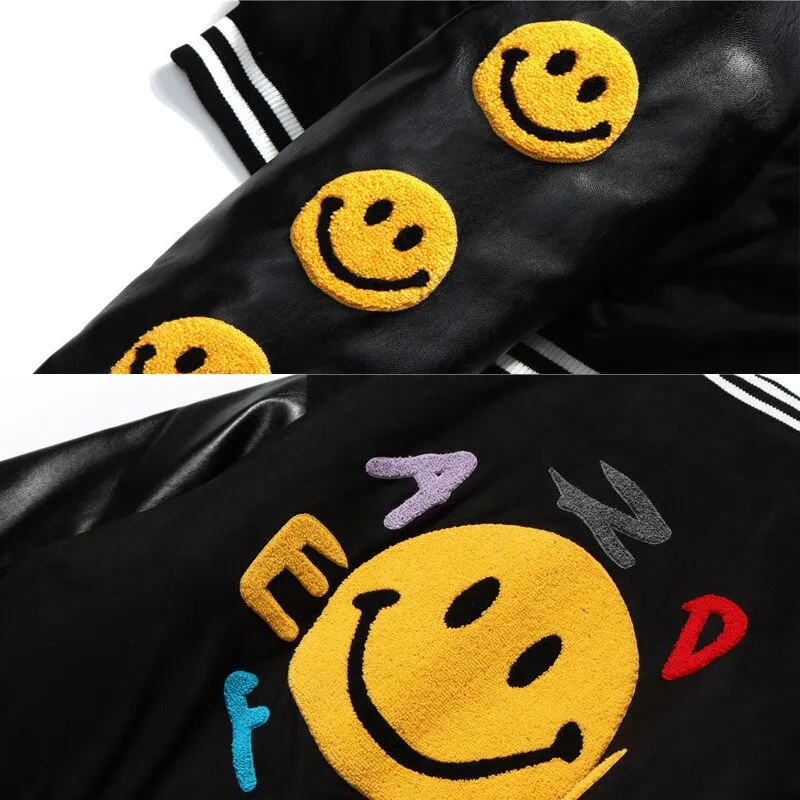 "SMILE" Veste Baseball Bombers Simili-cuir Noir - URB1™