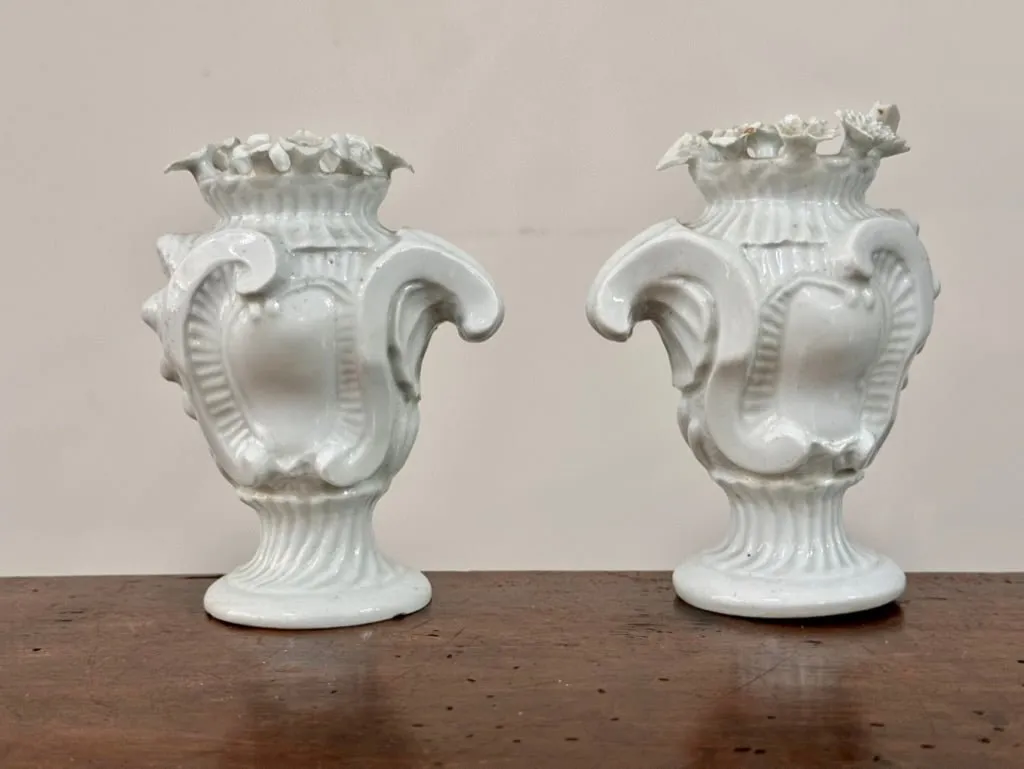 Rare pair of Longton Hall Flower-encrusted vases, c. 1755