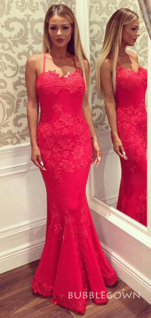Red Tulle Appliques Spaghetti Straps Long Evening Prom Dresses, Mermaid Prom Dresses, BGS0290