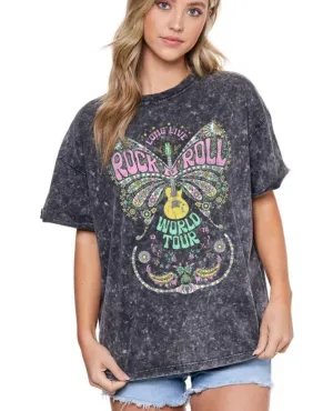 Rock and Roll World Tour Butterfly Black Washed Graphic Tee