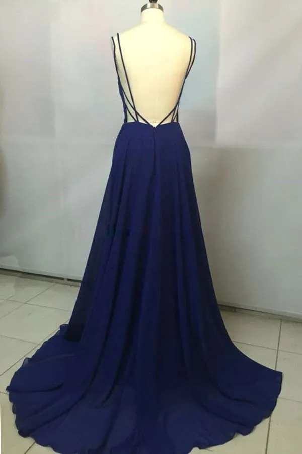 Royal Blue Chiffon V neck Simple Spaghetti Straps Long Prom Dresses, SP345