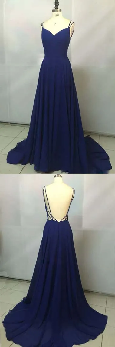 Royal Blue Chiffon V neck Simple Spaghetti Straps Long Prom Dresses, SP345