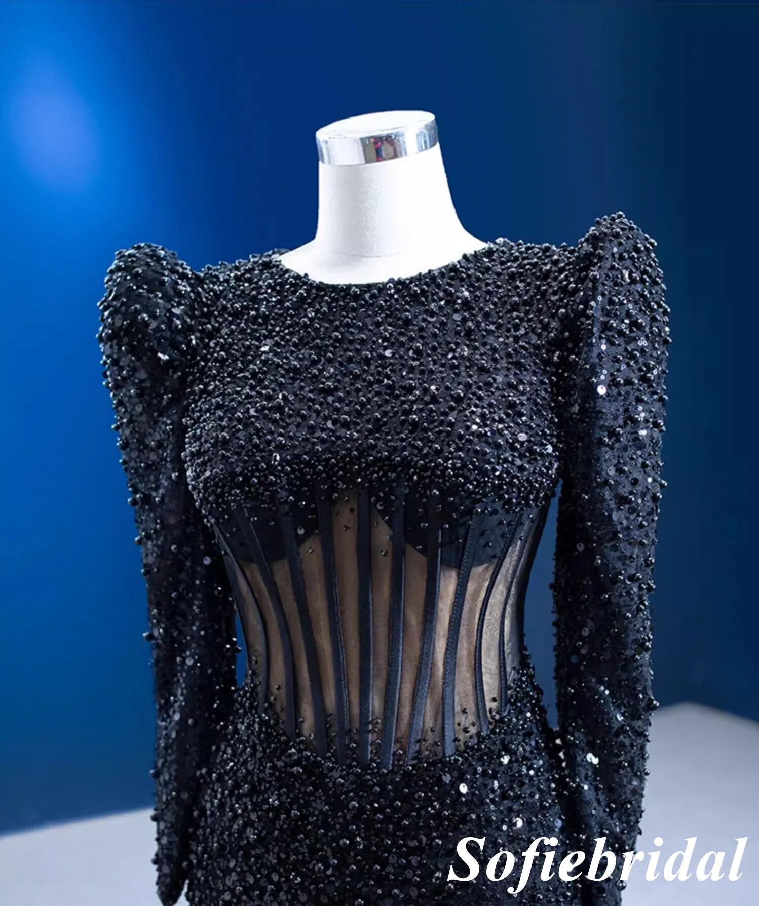 Sexy Black Long Sleeves Mermaid Long Dress Prom Dress With Beading, PD01120