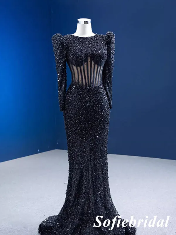 Sexy Black Long Sleeves Mermaid Long Dress Prom Dress With Beading, PD01120