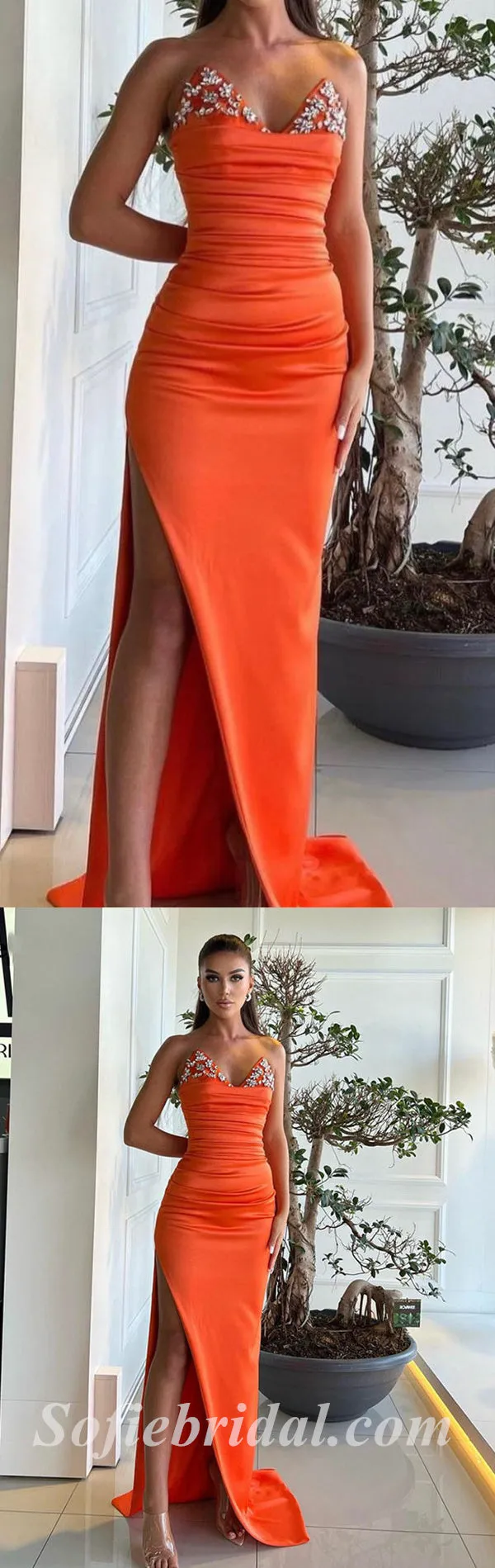 Sexy Orange Satin Sweetheart V-Neck Sleeveless Side Slit Mermaid Long Prom Dresses With Beading,SFPD0550