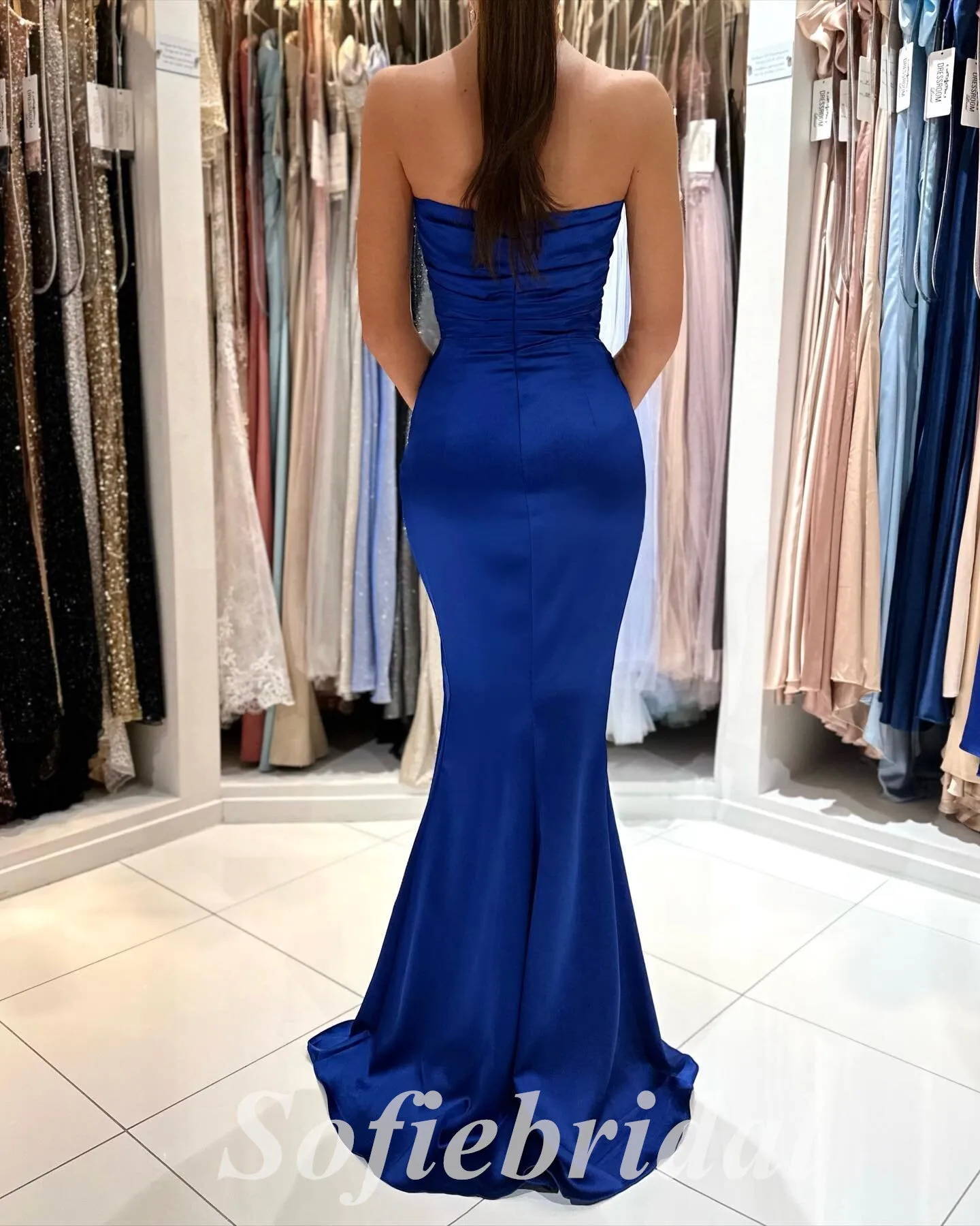 Sexy Royal Blue Satin Sweetheart Sleeveless Side Slit Mermaid Long Prom Dresses,SFPD0689