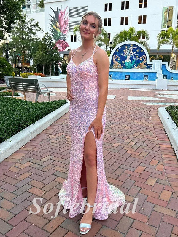 Sexy Sequin Spaghetti Straps V-Neck Lace Up Back Sleeveless Side Slit Mermaid Long Prom Dresses, PD0868